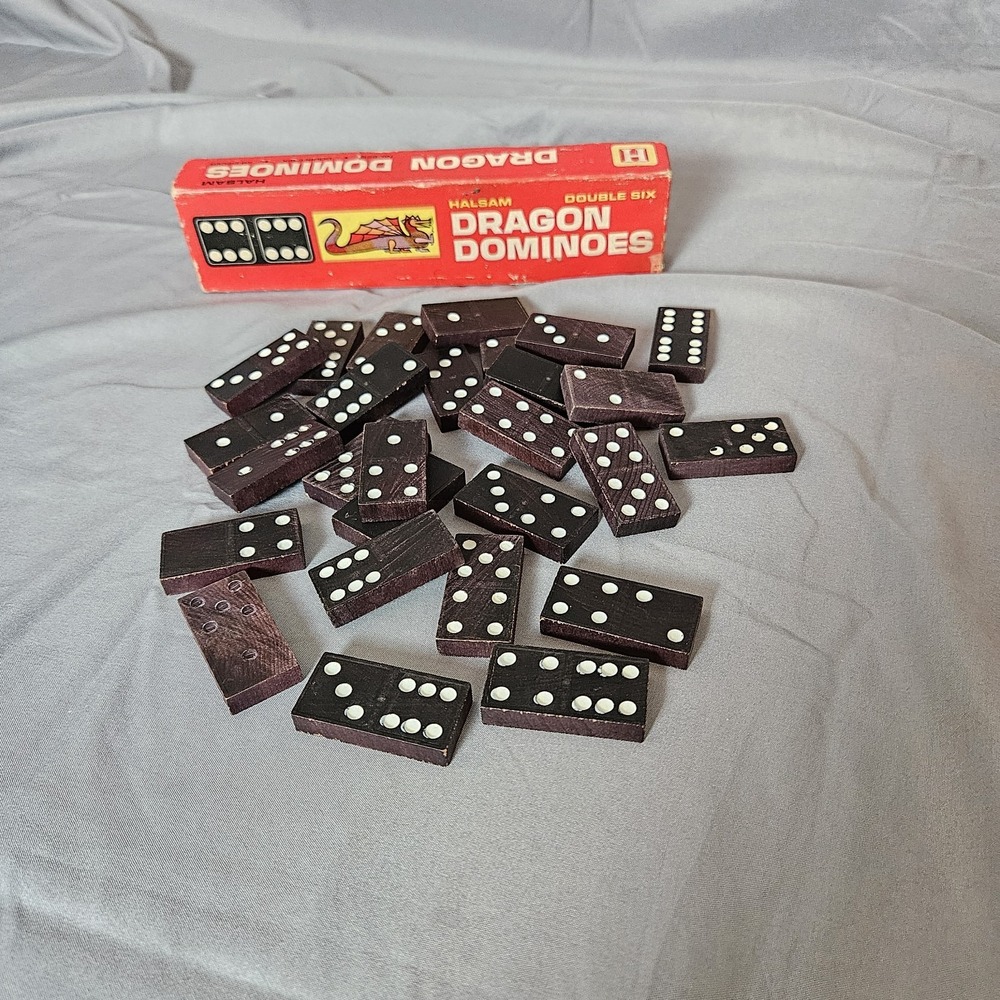 Vintage Halsam Dragon Dominoes Double Six Wood Set w/ Box‎ Complete 29 Pieces